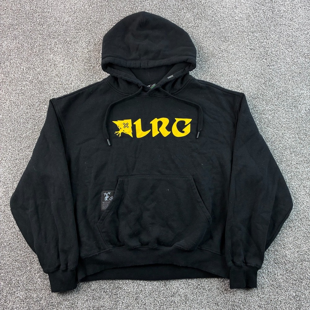 Y2K LRG Hoodie Mens Small Black Cotton Graphic Streetwear Pullover Cropped